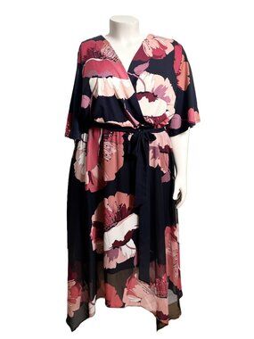 Lane Bryant EUC Dress 22 Black Pink Peach Floral Faux Wrap Handkerchief Midi